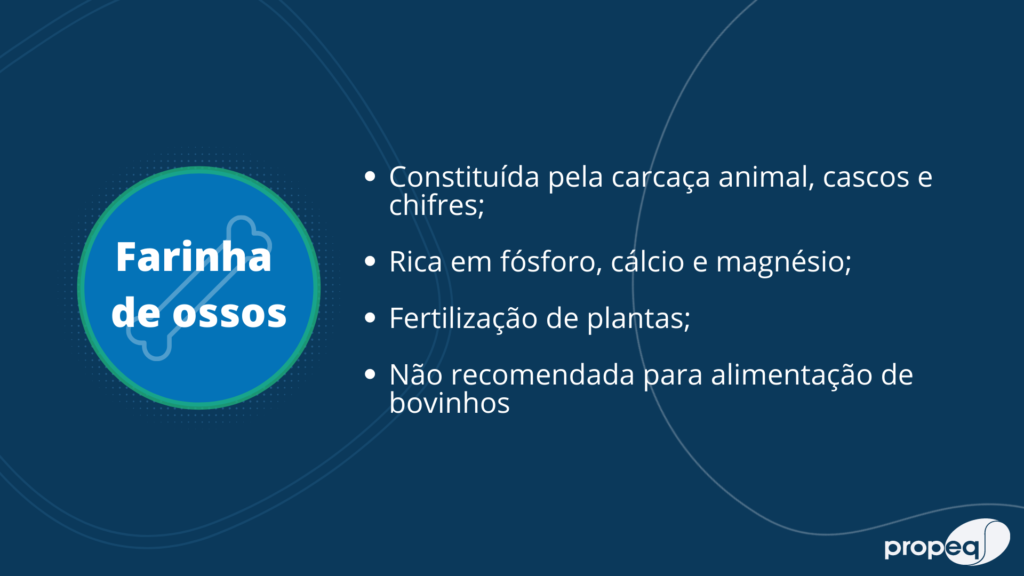 Imagem com o fundo azul com as escritas dos principais diferenciais da farinha de ossos.