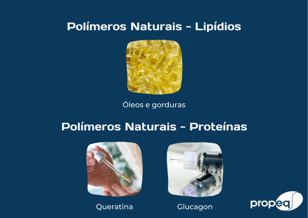 Imagem com fundo azul e logo da Propeq, exemplificando os polímeros naturais