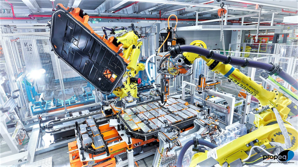 Robos montam baterias em uma fábrica
